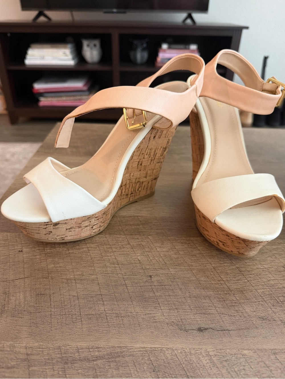 NWOT BAMBOO Cream Cork Wedge Sandals